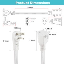 White Flat Wall Plug Extension Cord 2FT- Heavy Duty 3Prong Grounded Low Profile Major Appliance Extension Cord, SPT-3 14AWG Wire Flat Head Male to Female Extender for Air Conditioner, Refrigerator