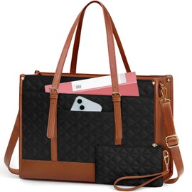 IGOLUMON Laptop Bag for Women 15.6 Inch Vegan Leather Work Tote Bag Quilted Womens Briefcase Designer Laptop Bags for Office Teacher College Cute Computer Bag with Purse Professional Black with Brown