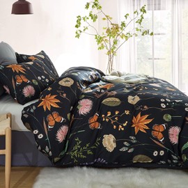 Floral Duvet Cover Queen Size Black Duvet Cover Set with Pink Floral Colorful Botanical Yellow Butterfly 3D Printed Bedding Set 3 Pcs Soft Microfiber Comforter Cover with Zipper Ties