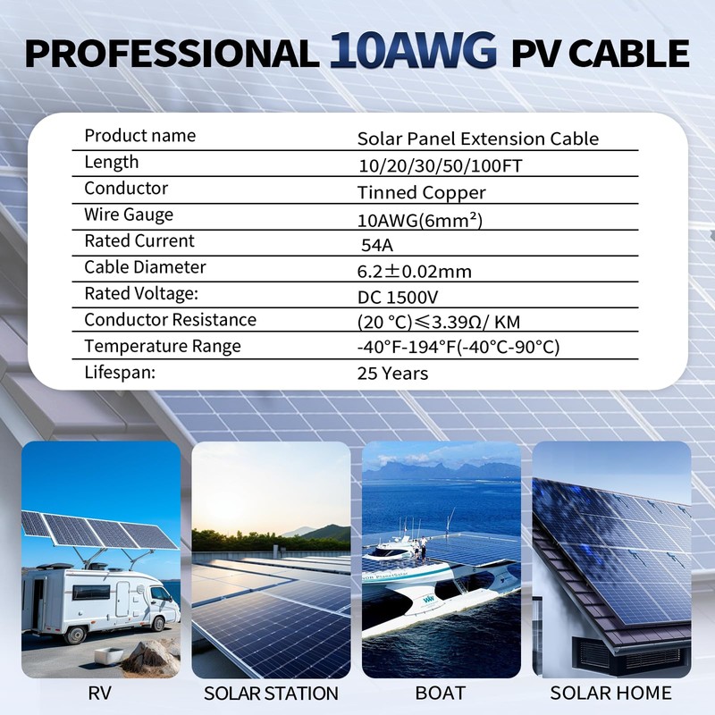 Bwtlrwn 2x20 FT Solar Panel Extension Cable, 10AWG Solar Cable