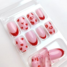 Red Love Heart Press on Nails Short Almond Valentines Day Fake Nails with Red Love Kisses Lip Design French Tip False Nails Valentine Love Glue on Nails Artificial Stick on Nails for Women Girls 14Pcs
