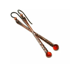 Handmade Carnelian Antique Copper Hammered Stick Earrings - Hypoallergenic Niobium