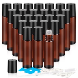 ZEJIA 10ml Roller Bottles for Essential Oils, 24 Pack Glass Roll on Bottles, Refillable Perfume Bottle, with Stainless Steel Roller Balls, 2 Droppers, 1 Opener, Labels(Amber)