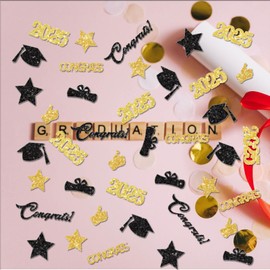 100Pcs 2025 Graduation Party Confetti, Gold Black Glitter Graduation Confetti Congrats Diploma Grad Cap Star for 2025 Graduate Party Decorations Supplies (Gold)