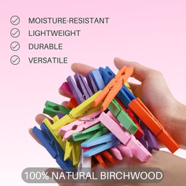 Clothes Pins, Colored Clothespins 50 PCS 2.9" Natural Birchwood Close Pins, Strong Grip, Colorful Clothespins, Multi-Purpose Colored Clothes Pins for Crafts, Hanging Clothes, Laundry