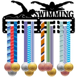 CREATCABIN Sports Medal Holder Hooks Swimming Medals Hanger Display Swim Race Awards Lanyard Ribbons Small Iron Rack Frame Wall Mounted for Swimmer Competition Race Victory Gymnastics 11.4x5.1Inch