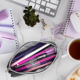 Fashion Stationery Pencil Case for Girls Women Thin Mini Slim Aesthetic Black Lilac Plain Pencil Cases for Teenagers Girl at Secondary High School or a Small Cosmetic Make Up Case (Black)