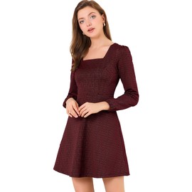 Allegra K Women's Fall Vintage Square Neck Long Sleeve Plaid Dress Large Red-Gold