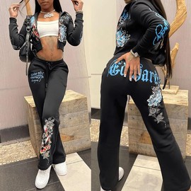 2 Piece Sets Womens Clothing  Letter Print Sweatsuit Hoodie Zipper Hoodie and Sweat Pants Suits Tracksuit Set Womenswear Comfort:_Black-2_M