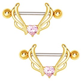Cocobul Body Jewelry Pair of Gold Plated Flying Heart Nipple Shield 14 Gauge 3/4"