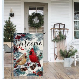 CROWNED BEAUTY Winter Cardinal Garden Flag 12x18 Inch Double Sided for Outside Small Welcome Burlap Holiday Yard Decoration CF1658-12
