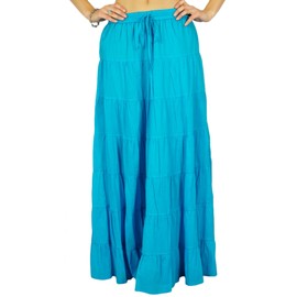 Phagun Solid Long Maxi Cotton Beach Wear Skirt for Women Elastic Waist Skirt Summer Wear Aqua Blue