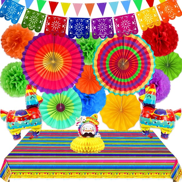 TURNMEON 40Pcs Fiesta Mexican Party Decorations Supplies, Cinco De Mayo Llama Balloons Paper Fans Pom Poms Table Cover Pennant Papel Picado Banner Honeycomb Table Decor Taco Tuesday Dia De Los Muertos