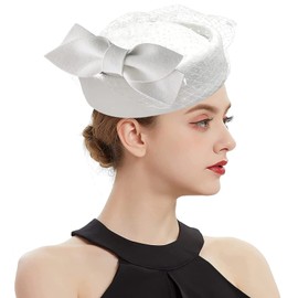 ORIDOOR British Style Pillbox Hat Women Church Derby Wedding Winter Vintage Fascinator Beret 100% Wool Felt Hat with Veil (04A White), One Size