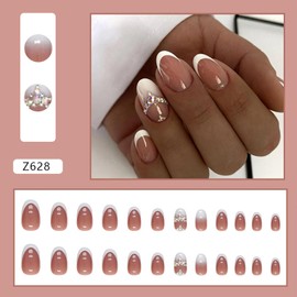 White French Tip Press on Nails Short Oval Fake Nails with Rhinestones Charms Design Gradient False Nails Luxury Almond Glue on Nails Acrylic Reusable Artificial Stick on Nails for Women Girls 24Pcs