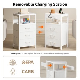 NightStand Bedside Charging Table Bedroom - White Night Stand with Charger Station, USB-C USB Ports & AC Outlets for Dorm, Living Room, Modern End Table with Open Shelf & 3 Fabric Drawers