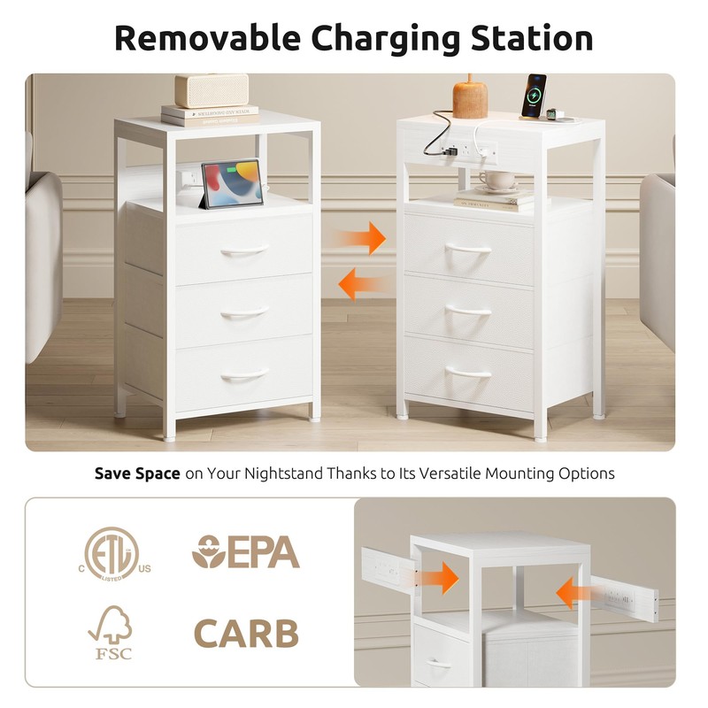 Lazzanto NightStand Bedside Charging Table Bedroom - White Night Stand