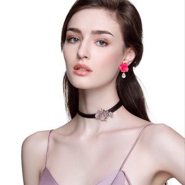 Seakuur Boho Flower Floral Petal Pearl Drop Dangle Earrings Studs Layered Tiered for Women Chic Boho Wedding Jewelry (Hot Pink)