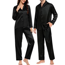 SWOMOG Silk Pajamas for Women Men Long Sleeve Sleepwear Loose Fit Pajama Pants Button Down Nightwear Silky Pj Sets Black