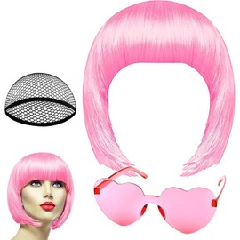 Short Bob Wig,Pink Bob Wig Set with Heart Sunglasses and Wig Cap, Pink Wigs Costume Cosplay Hairpiece for Party