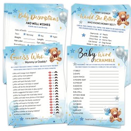 HOMANGA Baby Shower Games for Boy Girl, 4 Fun Games for 25 Guests, Who Knows Mommy Best, Guess Who Mommy or Daddy, Word Scramble, Baby's Descriptions & Well Wishes, Blue Bear Baby Showers Decorations