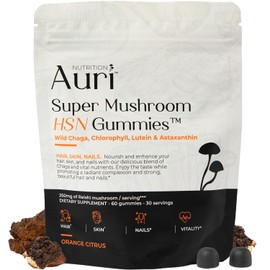 Auri Super Mushroom HSN Gummies - Hair Skin and Nails Gummies Functional Mushrooms Supplement - with Wild Chaga, Chlorophyll, Lutein and Astaxanthin - 60 Orange Citrus Gummies