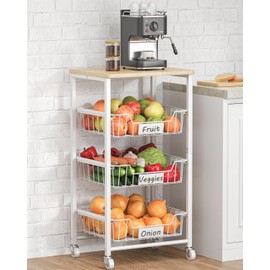 CHLORYARD Fruit Vegetable Basket for Kitchen Pantry Storage Organizer, 4-Tier Metal Utility Kitchen Rolling Cart on Wheels with Drawer Rack and Wood Top for Potatoes Onions