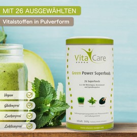VitaCare Green Power Superfoods, 360 g Sugar-Free Smoothie Powder for Mixing Green Smoothies, Fitness Drink Gluten-Free, Lactose-free & Vegan
