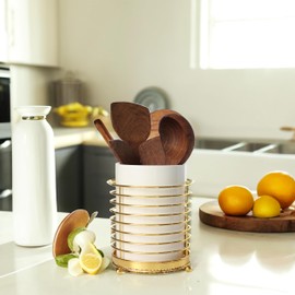 SIEBOLD Kitchen Counter Utensil Holder Gold Ring Metal Frame and White Ceramic Utensil Crocks(H7.48‘’ * W5.5‘’) XL