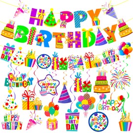 C L cooper life Colorful Birthday Party Banners Happy Birthday Party Decoration Set Birthday Party Hanging Swirls Rainbow Birthday Cutout Hanging Decorations for Muti Color Baby Shower Supplies