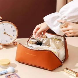 SYGELER Premium PU Travel Cosmetic Organizer - Waterproof Large Capacity Makeup Bag for Women, Portable Toiletry Storage with 5 Compartments, Vacation Essentials (Brown)