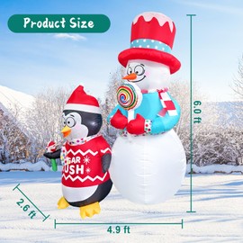 VOCADE 6FT Christmas Snowman & Penguin Inflatable Holding Lollipop Cute Blow Up Outdoor Christmas Decoration with LED Light for Indoor Outdoor Yard Garden Lawn Porch Xmas Holiday Party