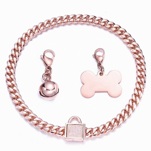 RUMYPET Rose Gold Chain Dog Collar 10MM/14MM Cuban Link Dog