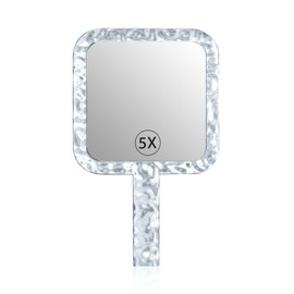 YEAKE Hand Mirror,Double-Sided Handheld 1X/5X Magnifying Mirror with Handle for Makeup, Shaving Mirror with Hole Hanging,Acrylic, 6.1" W x 10" L, Square Shape, Transparent 1 PC