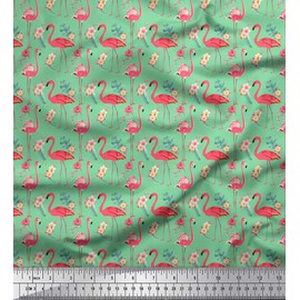 Soimoi Green Cotton Canvas Fabric Monstera Leaves,Peach Floral & Flamingo Bird Decor Fabric Printed BTY 42 Inch Wide