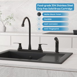 Besdor Kitchen Faucet with Side Sprayer, 2 Handle Sink Faucet, 3 or 4 Hole Kitchen Faucets with Sprayer, 304 Stainless Steel, Matte Black