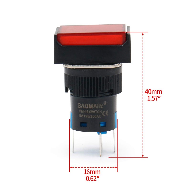 Baomain 5/8" 16mm Push Button Switch Momentary Rectangular Cap LED