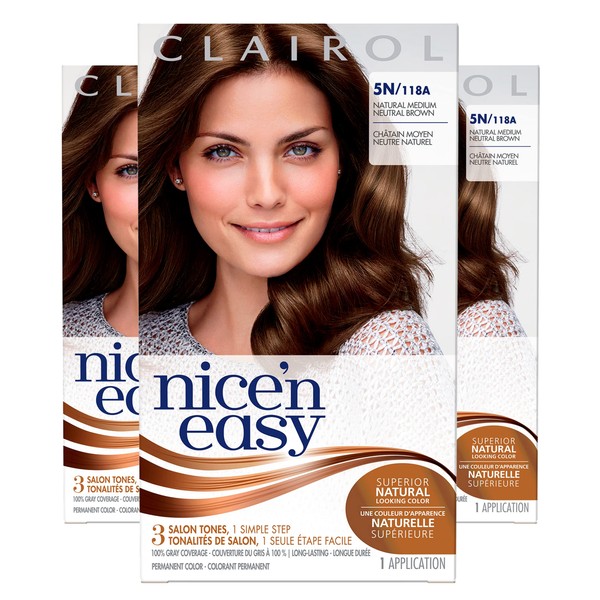Clairol Nice'n Easy Liquid Permanent Hair Dye, 5N Medium Natural Brown Hair Color, Pack of 3