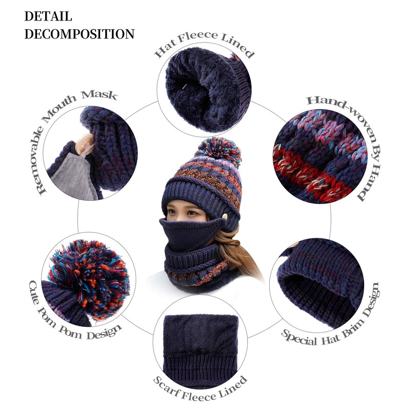 FANZERO Womens Girls Knit Beanie Scarf Mask Set Soft Warm
