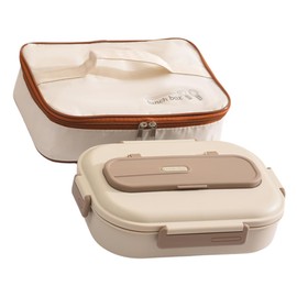 Lunch Box with Thermal Carry Bag, 4 Compartments + Bowl with Airtight Seal – Includes Cutlery – Ideal for Work and Hiking – Brown and Cream (Cream)