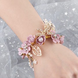 TseenYi Flower Bracelet Wedding Pearl Wrist Flower Beads Wrist Chain Gold Leaf Bangle Boho Fashion Bracelet Jewellery for Women and Girls Gift Bride Bridesmaid Christmas, Beads