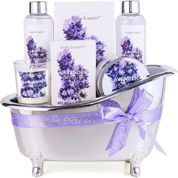 Gift Set for Women, Gift Basket for Women, Body & Earth Women Bath Set 7 Pcs Lavender Spa Basket with Shower Gel, Bubble Bath, Bath Salts, Body Lotion, Scented Candle, Valentine's Day Gifts for Women, Birthday