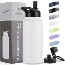 DOMICARE 32 oz Insulated Water Bottle, Vacuum Insulated Stainless Steel Sports Water Bottle with Straw Lid & Spout Lid, Leakproof, Reusable - Travel, Camping, Bike, White