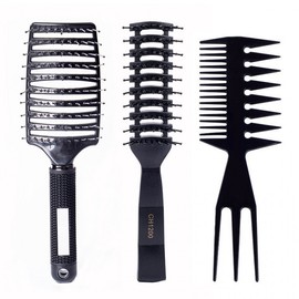Barber's Styling Comb Set for Men's Slicked Hair - Large Curved, Rib, 3-Prong, Fishbone Combs (3-Piece) Set/Black 4ea