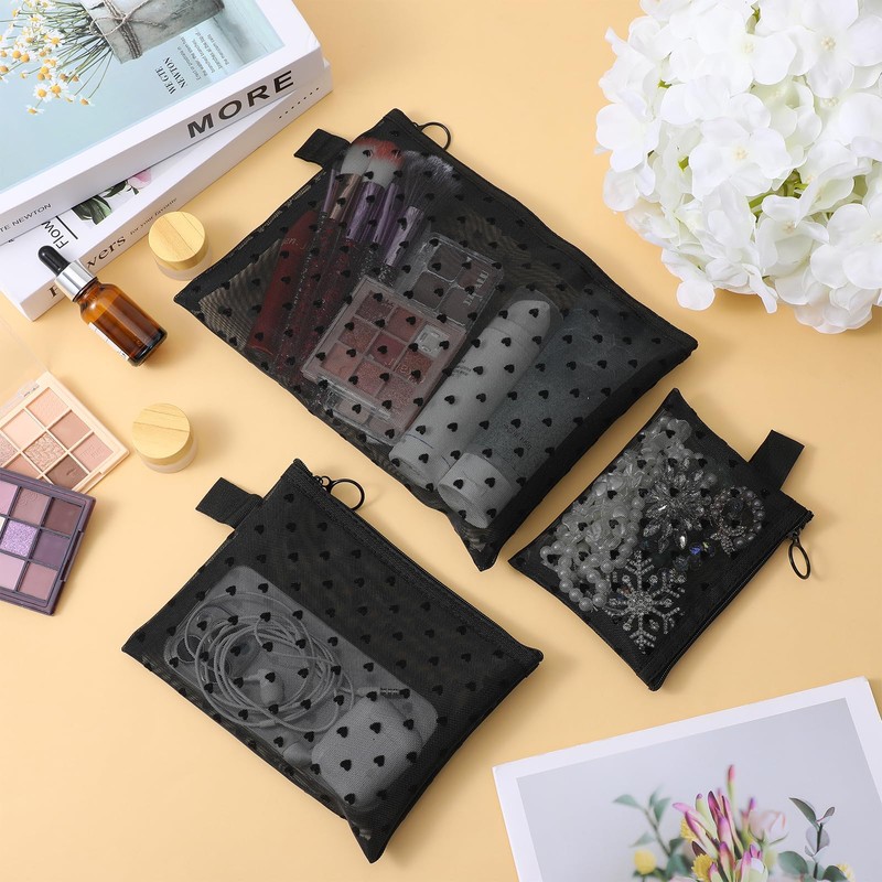 Ymapinc 3pcs Heart Printed Mesh Makeup Bag Set Portable Travel