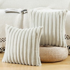 MADIZZ Set of 2 Faux Wool Plush Decorative Throw Pillow Covers 18x18 Inch Greyish White Fluffy Striped Soft Decorative Cushion Cover for Sofa Bedroom Pillow Shell