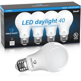 Great Eagle A19 LED Light Bulbs 40 Watt Equivalent - UL Listed -5000K 40 Watt LED Light Bulbs Daylight, Non Dimmable 6W, Standard Replacement(4 Pack)