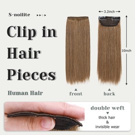 S-noilite Clip in Human Hair 1PC 10 Inch Short Human Hair Extensions Adding Extra Hair Volume Thick Hairpieces #6 Light Brown Fullness Double Weft Invisible Hairpin 15g