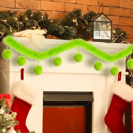 5.9 Feet Green Faux Fur Christmas Garland Decorations Xmas Lime Green Faux Fur Ribbon Trim with 10 Fluffy Balls Xmas Tree Winding Garland Furry Stripe Indoor Outdoor for Door Fireplace Table Decor