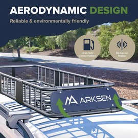 ARKSEN Roof Rack Skinny Cargo Carrier with Basket & Net, Heavy Duty Weather Resistant Top Mount Cargo Rack, Luggage & Camping Gear Storage for Car, Truck or SUV Transport